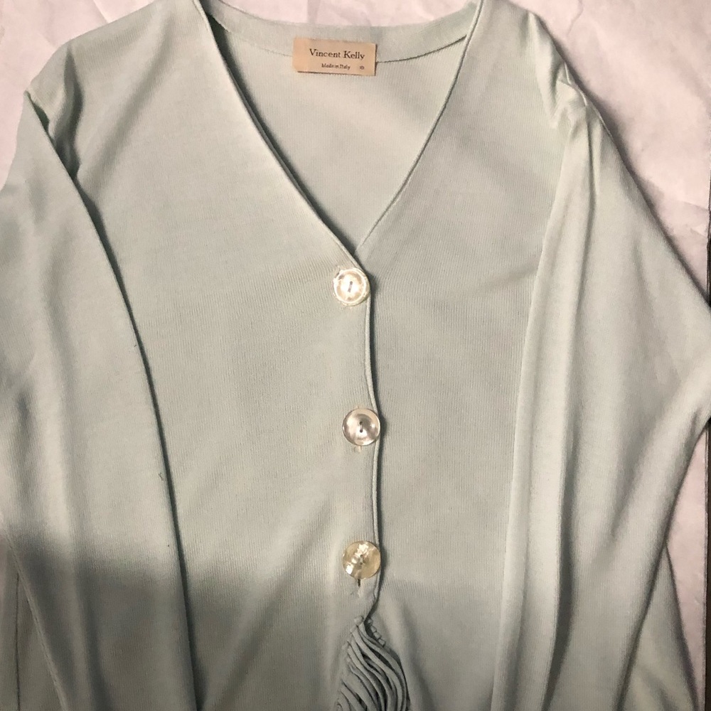 Blue Sweater w/ Pearl Buttons & Fringe Accent